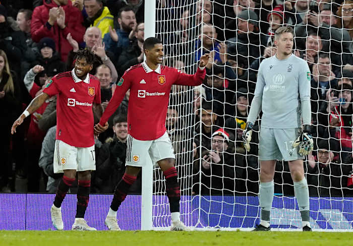 Fred (left) pictured celebrating his goal with Marcus Rashford (center) during Manchester United's 2-0 win over Nottingham Forest in the second leg of their EFL Cup semi-final in February 2023